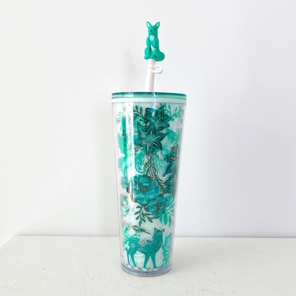 Starbucks Cold Cup Teal Woodland‎ Fox Floral Tumbler 24oz with Fox Topper NEW